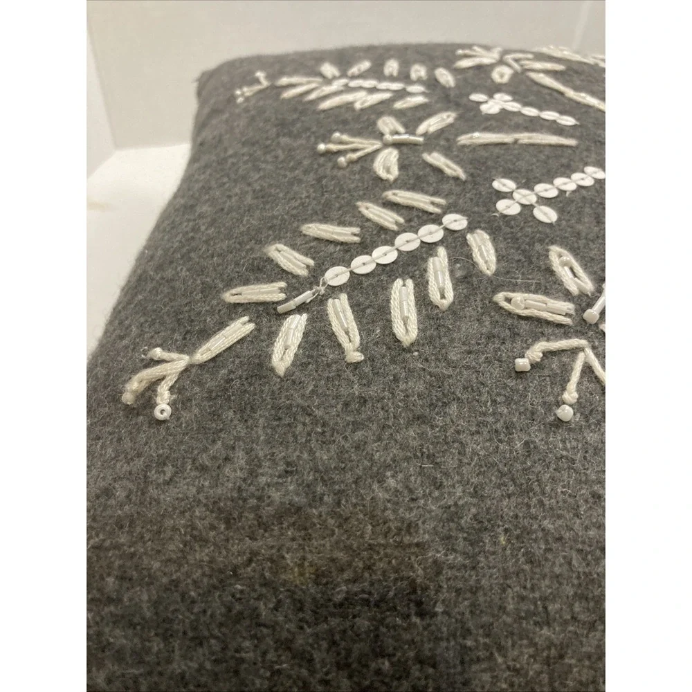Vtg Pier 1 Beaded Flannel Pillow Gray Snowflake Beaded Sequin 15
